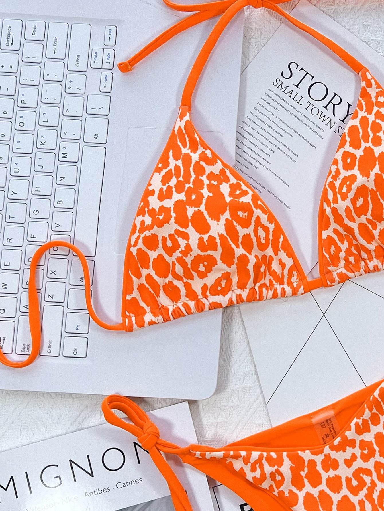 Leopard Print Halter Neck Tie Side Bikini Set - Selvanelle