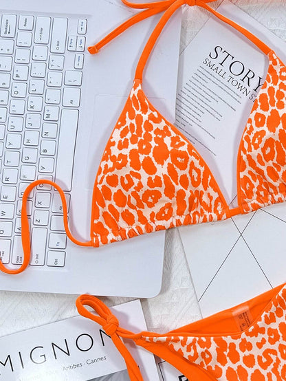 Leopard Print Halter Neck Tie Side Bikini Set - Selvanelle