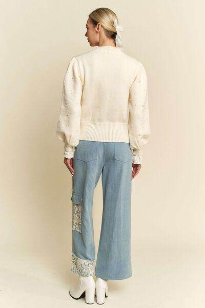 Davi & Dani Lace Applique Wide Leg Jeans for Women - Selvanelle