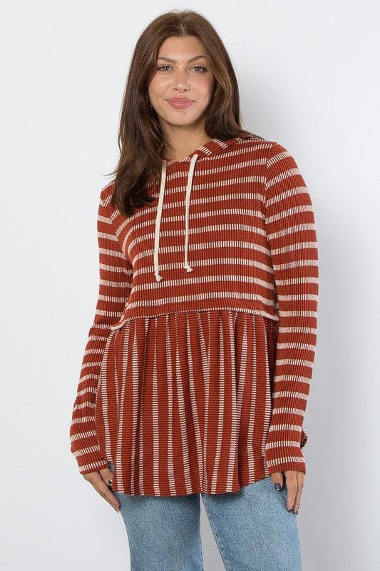 Be Stage Full Size Drawstring Striped Babydoll Hoodie Chic