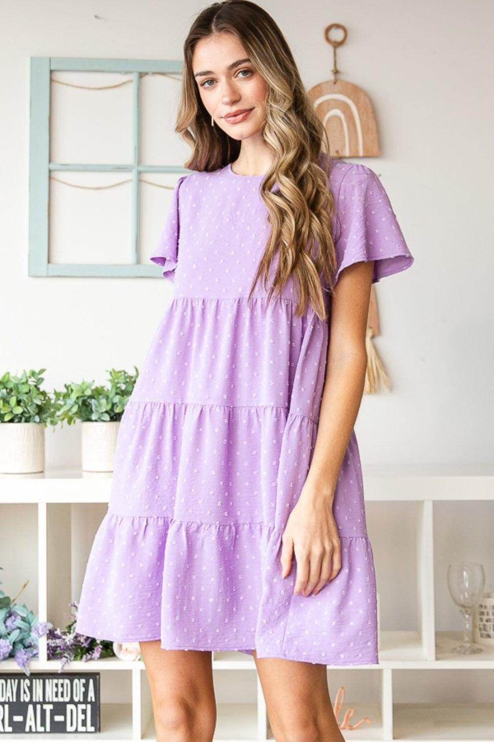 Heimish Full Size Swiss Dot Short Sleeve Tiered Dress - Selvanelle