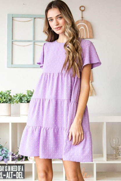 Heimish Full Size Swiss Dot Short Sleeve Tiered Dress - Selvanelle