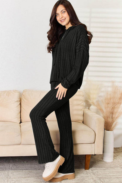 Basic Bae Full Size Ribbed Drawstring Hooded Top Set - Selvanelle