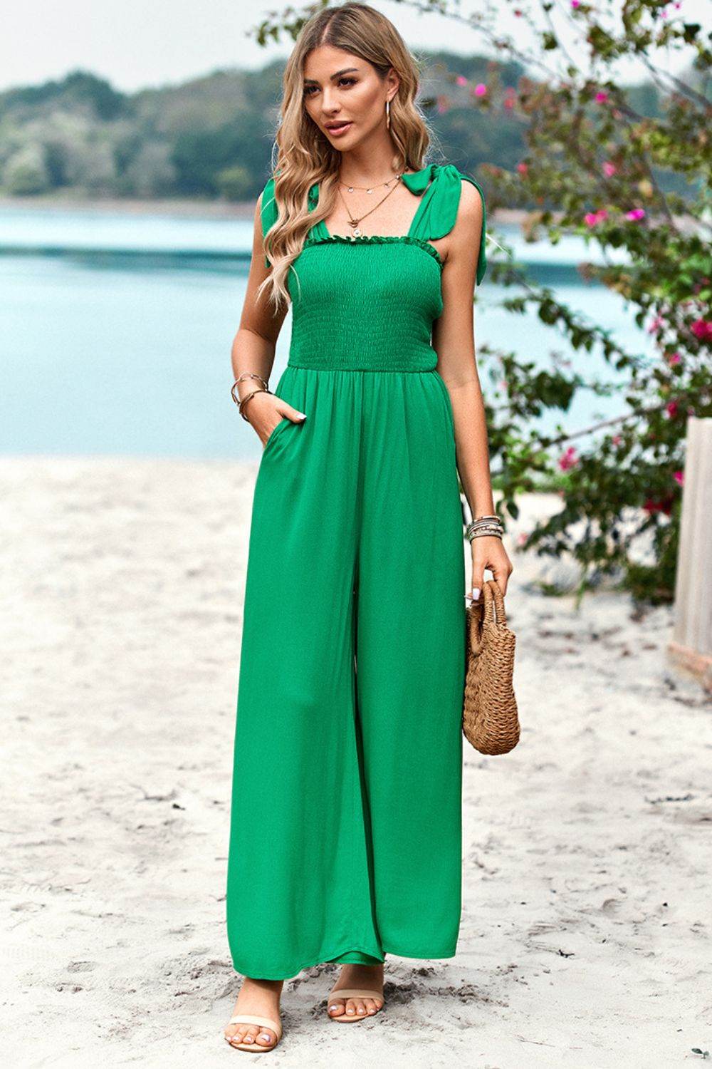 Devine Frill Trim Tie Shoulder Wide Leg Jumpsuit with Pockets - Selvanelle