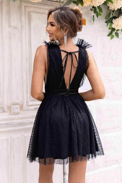 Open Back Sleeveless Mesh Dress with Lace Detail and Lining - Selvanelle