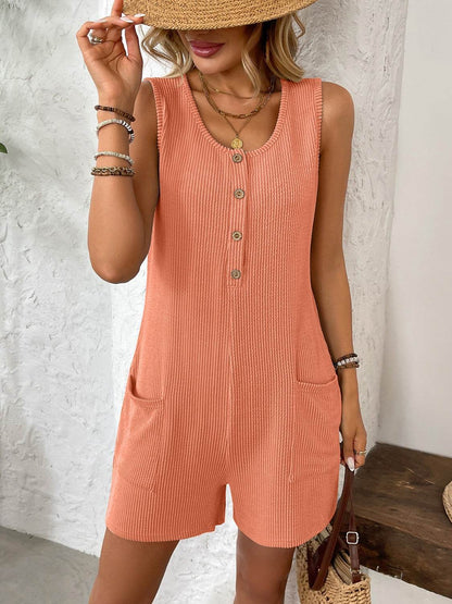 Pocketed Round Neck Sleeveless Romper - Selvanelle