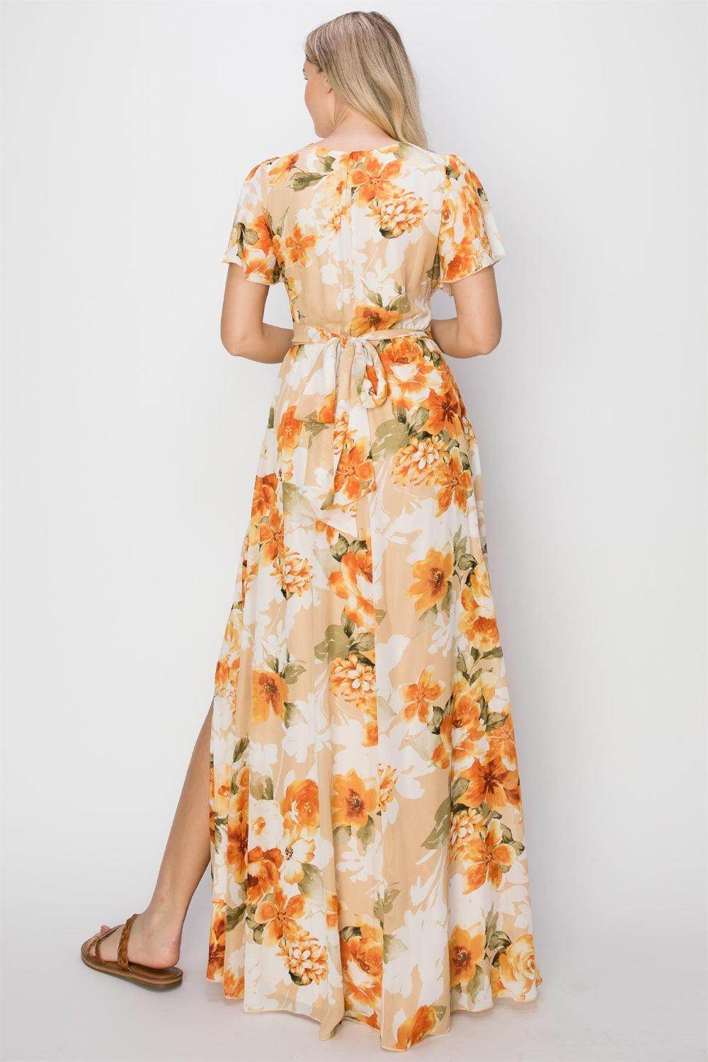 HYFVE Floral Tie Back Short Sleeve Slit Maxi Dress for Women - Selvanelle