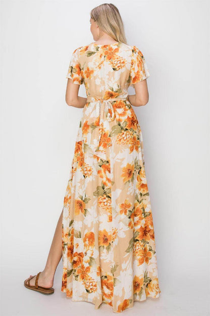 HYFVE Floral Tie Back Short Sleeve Slit Maxi Dress for Women - Selvanelle