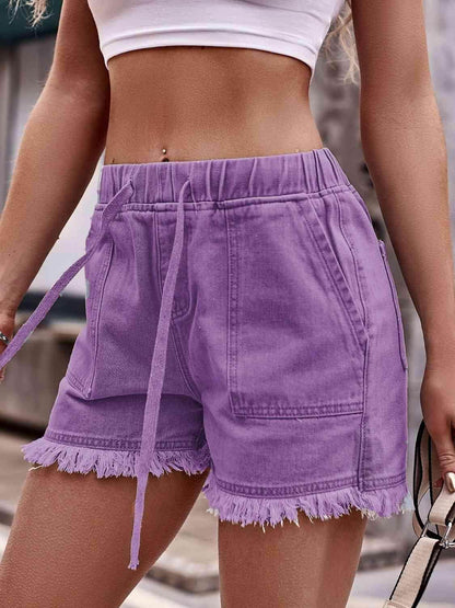 Drawstring Raw Hem Denim Shorts for Casual Chic Style - Selvanelle