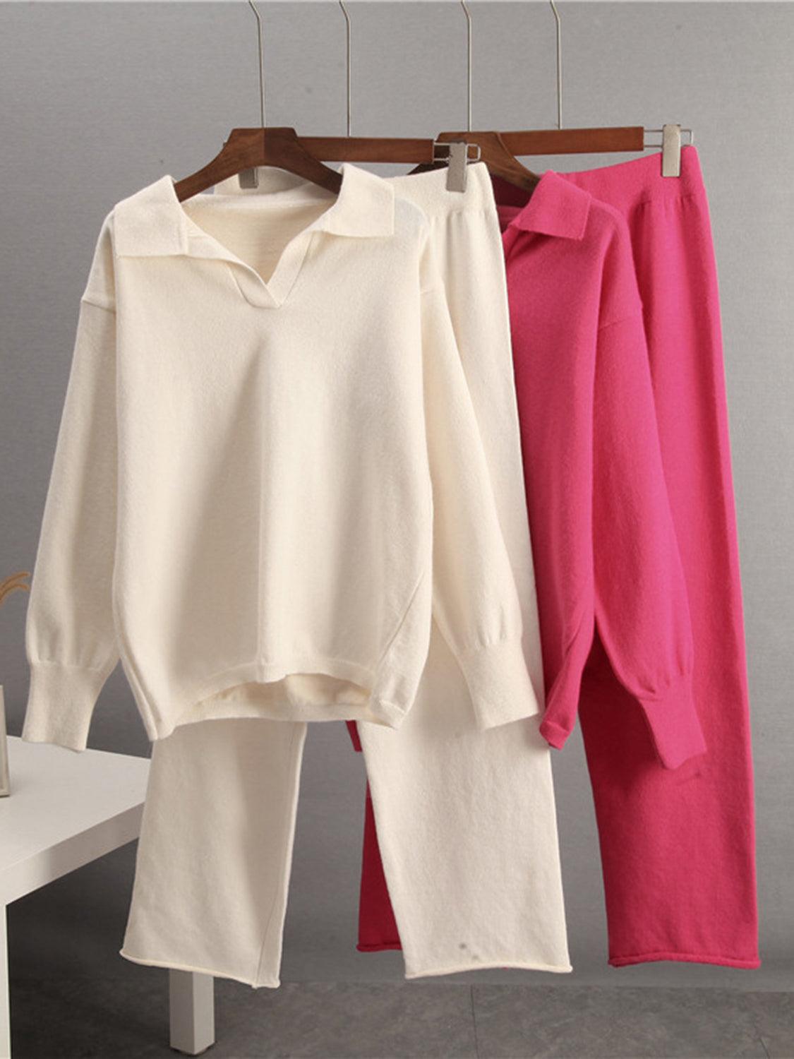 Johnny Collar Long Sleeve Top and Pants Sweater Set Women