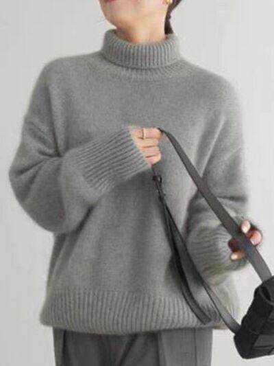 Turtleneck Dropped Shoulder Long Sleeve Sweater for Women - Selvanelle