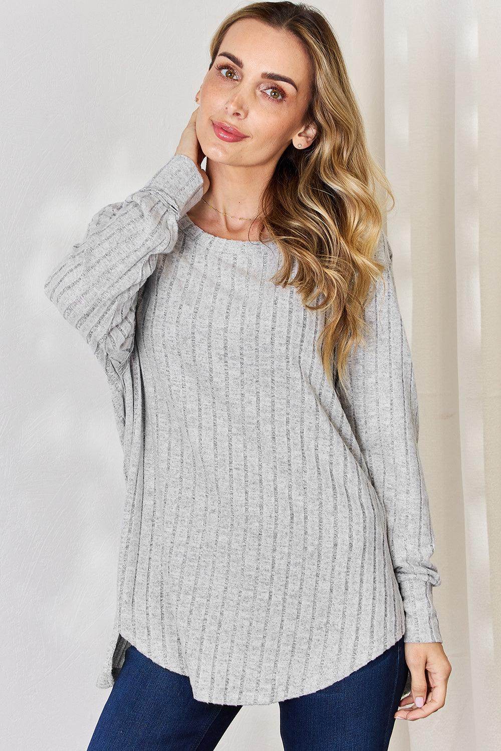 Basic Bae Full Size Ribbed Round Neck Slit T-Shirt for Women - Selvanelle