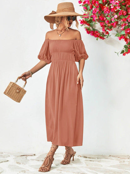 Off-Shoulder Balloon Sleeve Midi Dress for Chic Style - Selvanelle