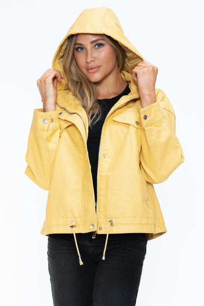 How Dare U Drawstring Hem PU Leather Zip Up Jacket for Women - Selvanelle