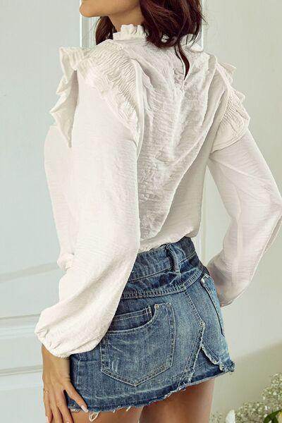 Frill Mock Neck Ruffled Balloon Sleeve Blouse for Women - Selvanelle