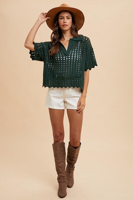 Annie Wear Openwork Johnny Collar Knit Cover Up Stylish Layering