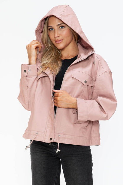 How Dare U Drawstring Hem PU Leather Zip Up Jacket for Women - Selvanelle