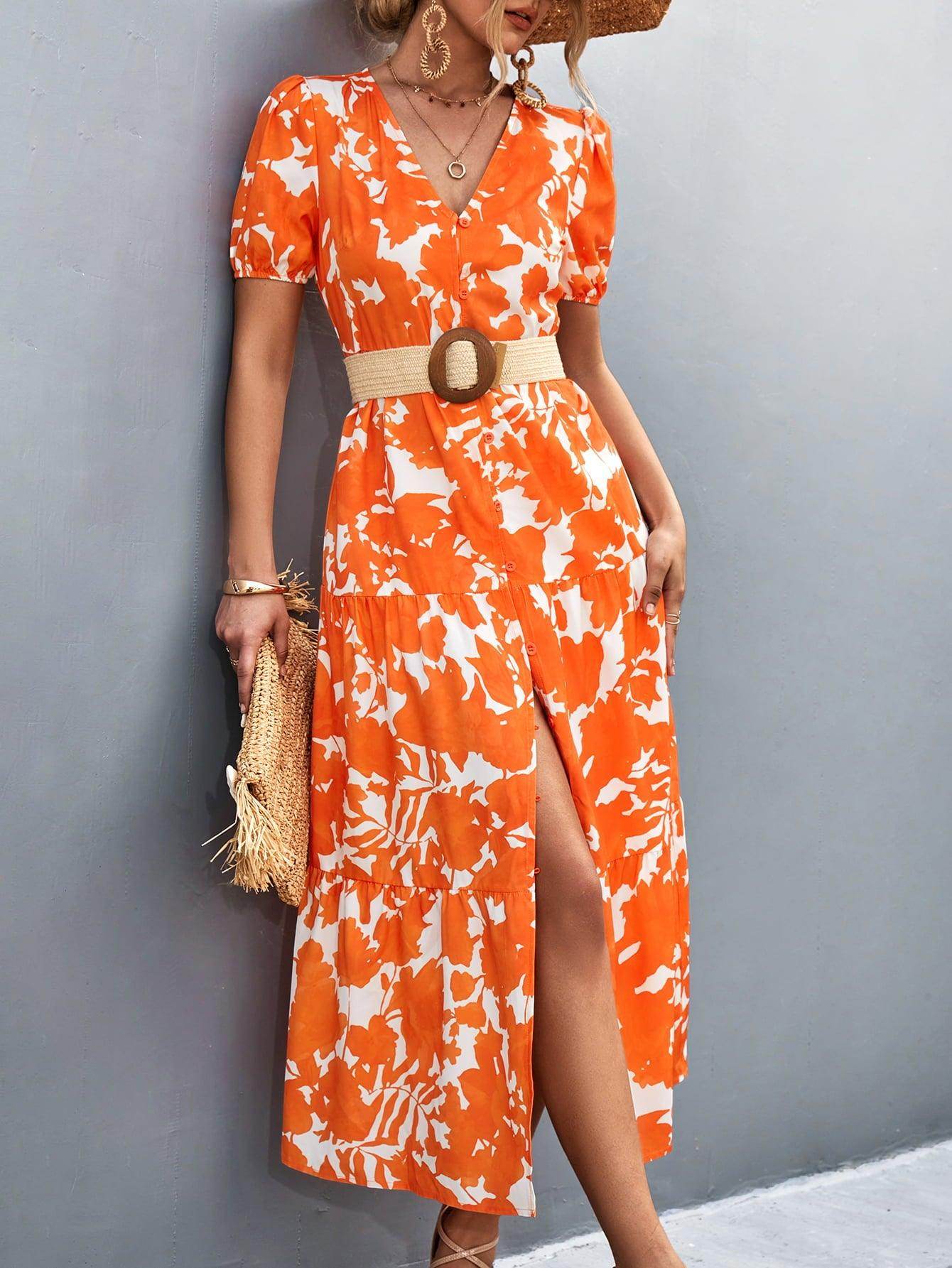 V-Neck Short Sleeve High Slit Midi Dress for Chic Style - Selvanelle