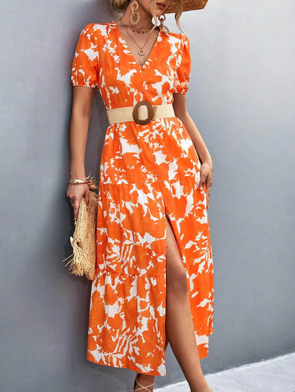 V-Neck Short Sleeve High Slit Midi Dress for Chic Style - Selvanelle