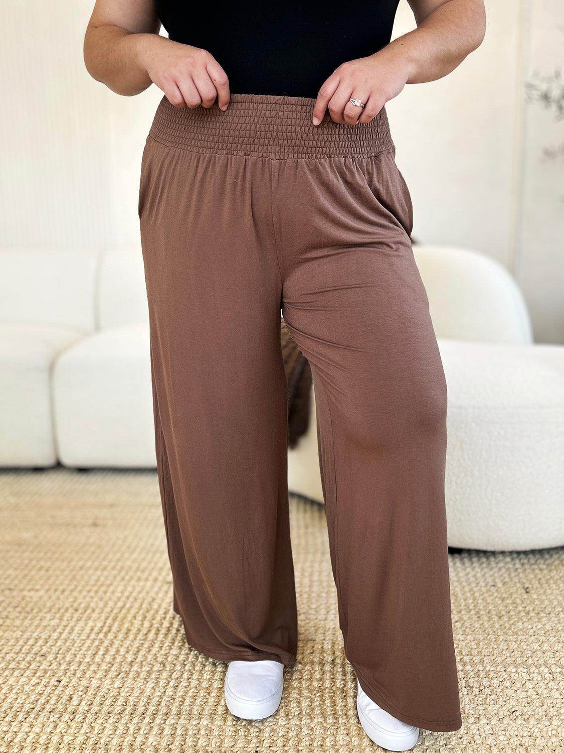 Double Take Full Size Smocked Wide Waistband Wide Leg Pants - Selvanelle