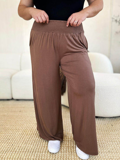 Double Take Full Size Smocked Wide Waistband Wide Leg Pants - Selvanelle