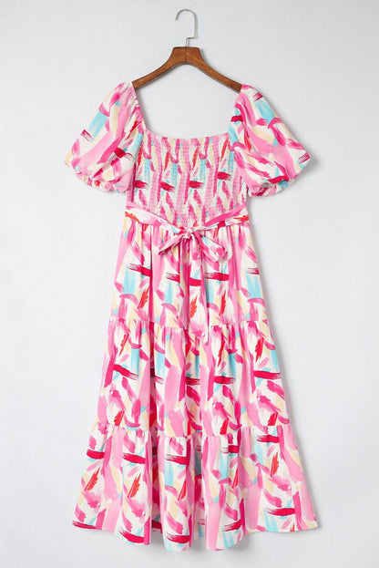 Chic Printed Square Neck Tied Smocked Dress for Women - Selvanelle