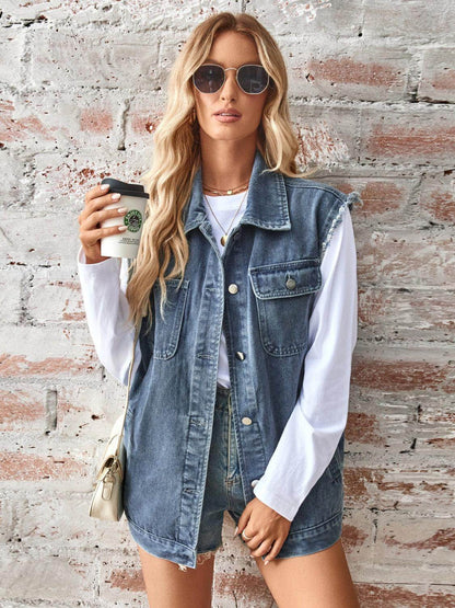 Raw Hem Sleeveless Button Up Denim Jacket for Women - Selvanelle