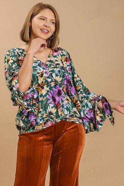 Umgee Full Size Floral V-Neck Tie Sleeve Blouse Plus Size - Selvanelle