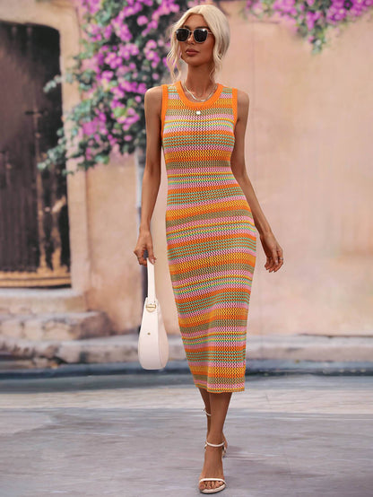 Striped Round Neck Sleeveless Midi Cover Up Dress - Selvanelle