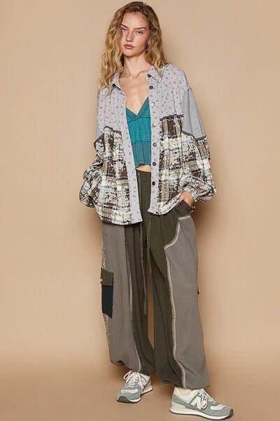 POL Balloon Sleeve Floral Color Block Plaid Shirt for Women - Selvanelle