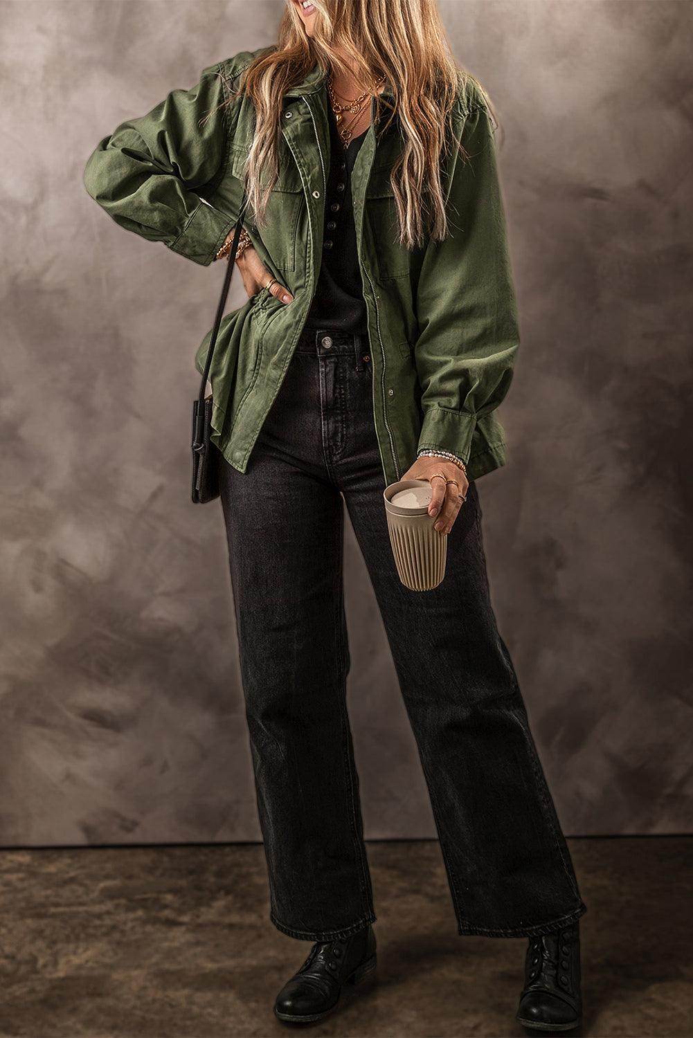 Zip Up Long Sleeve Jacket for Women in Cotton Fabric - Selvanelle