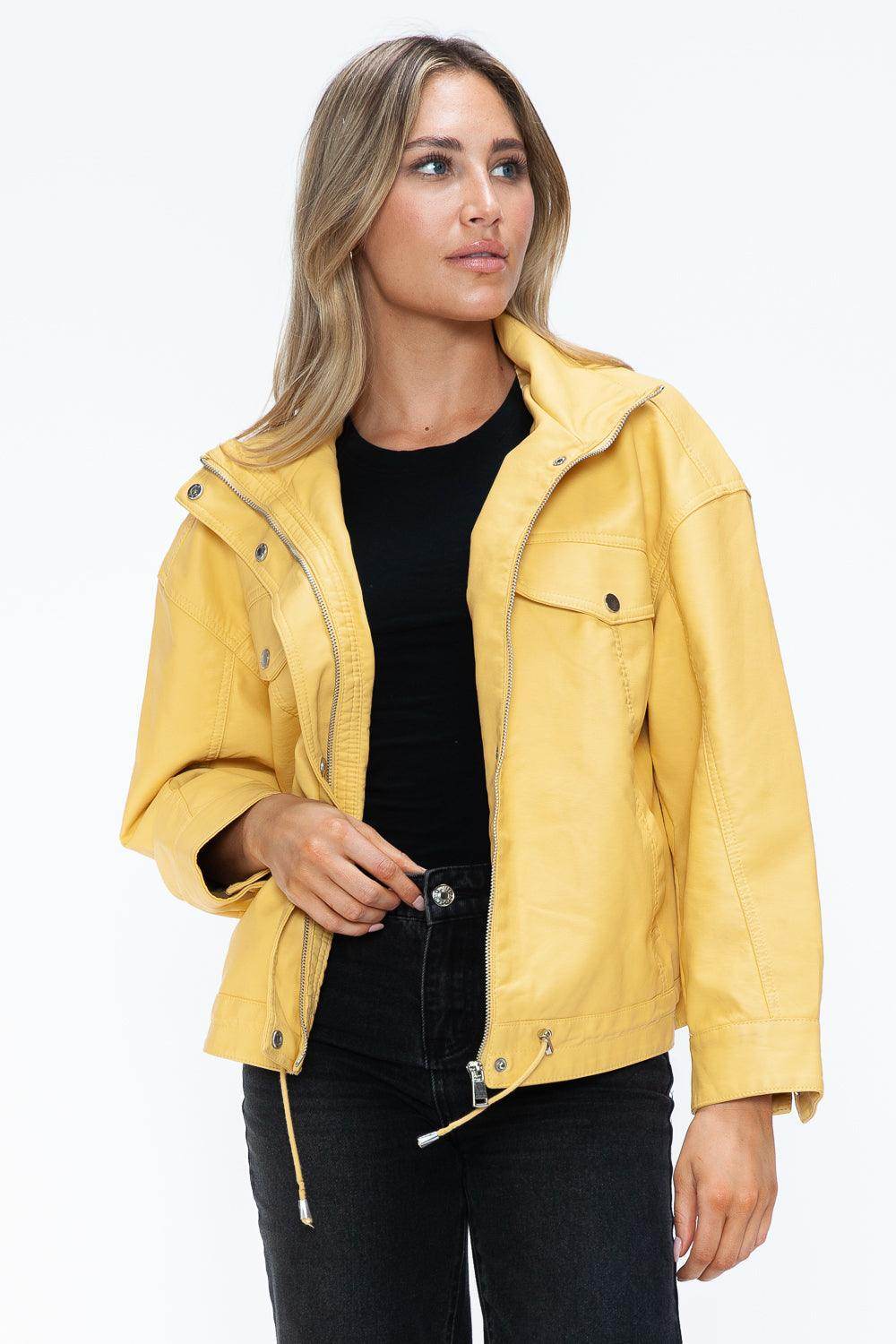 How Dare U Drawstring Hem PU Leather Zip Up Jacket for Women - Selvanelle