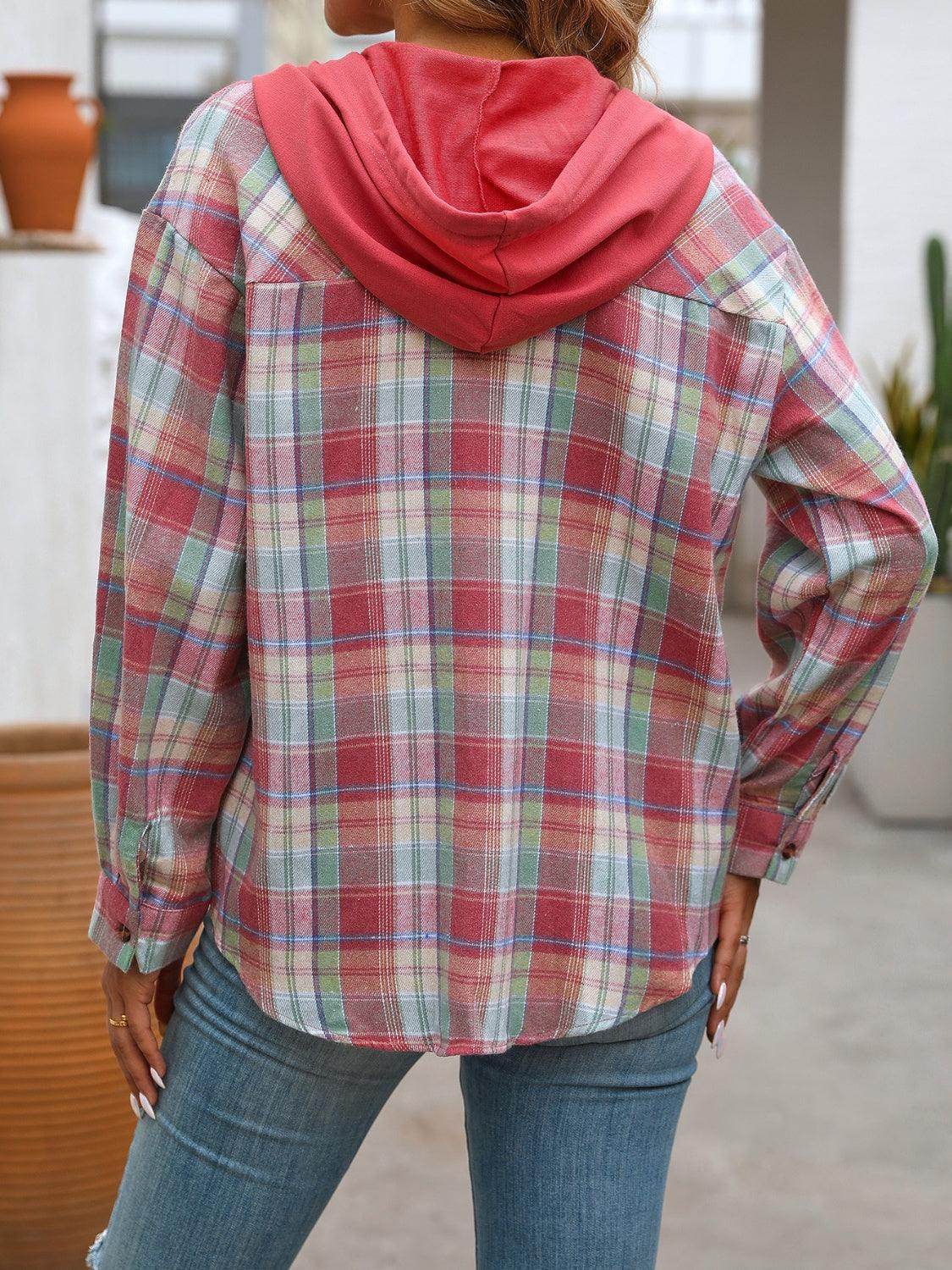 Plaid Long Sleeve Hooded Jacket for Women with Pockets - Selvanelle