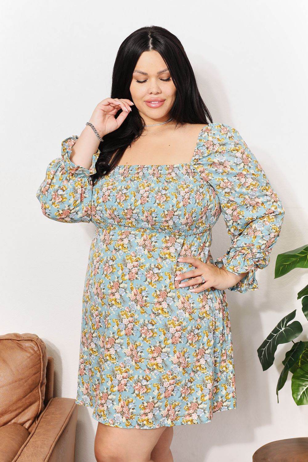 Honey Floral Smocked Flounce Sleeve Square Neck Dress - Selvanelle
