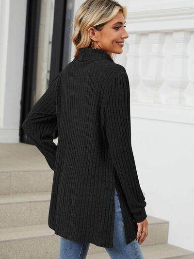 Slit Mock Neck Long Sleeve T-Shirt for Women with Pocket - Selvanelle