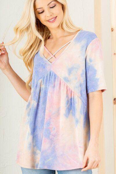 Heimish Full Size Crisscross Tie Dye Babydoll Top Plus Size - Selvanelle