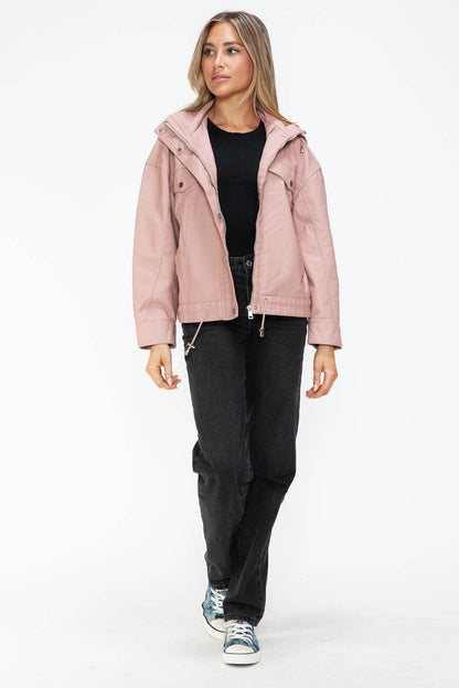 How Dare U Drawstring Hem PU Leather Zip Up Jacket for Women - Selvanelle