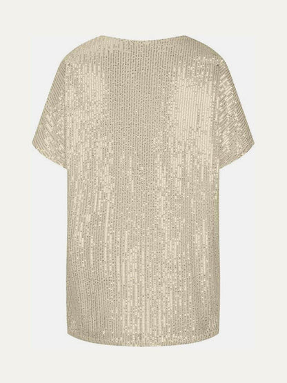 Full Size Sequin V-Neck Short Sleeve Top for Women - Selvanelle