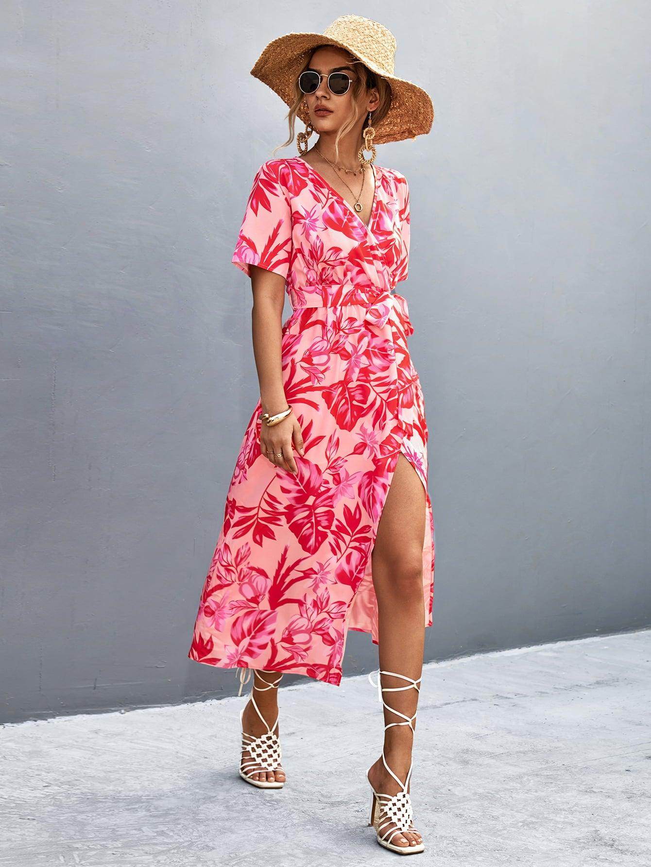 Floral Print High Slit Surplice Neck Tie Waist Midi Dress - Selvanelle