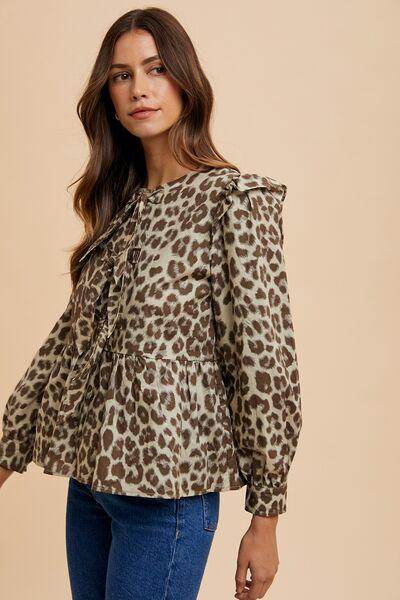 Annie Wear Tied Leopard Round Neck Peplum Blouse for Women - Selvanelle