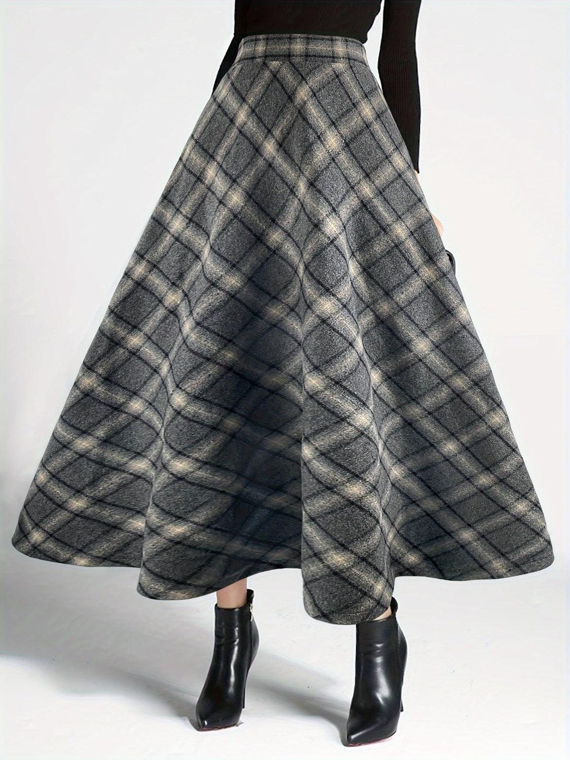 Plaid Elastic Waist Midi Skirt for Women in Various Sizes