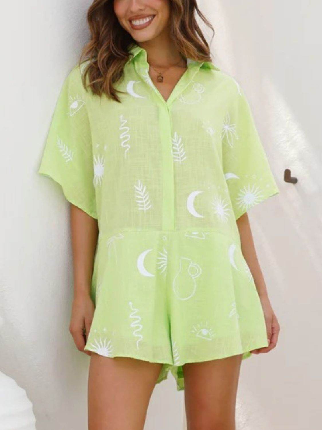 Printed Collared Neck Half Sleeve Romper - Selvanelle