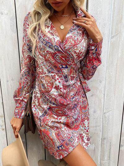Perfee Tied Printed Long Sleeve Mini Dress for Women - Selvanelle