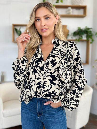 Double Take Full Size Printed Ruffle Trim Balloon Sleeve Shirt - Selvanelle