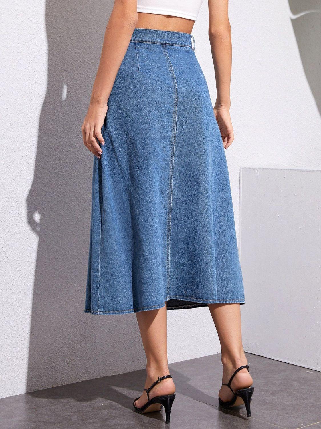 Buttoned Midi Denim Skirt with Pockets for Women