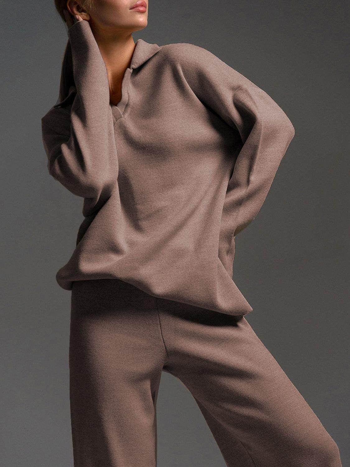 Johnny Collar Long Sleeve Top and Pants Sweater Set Women - Selvanelle