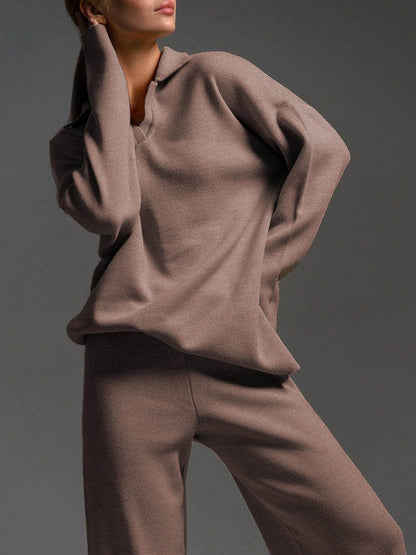 Johnny Collar Long Sleeve Top and Pants Sweater Set Women - Selvanelle