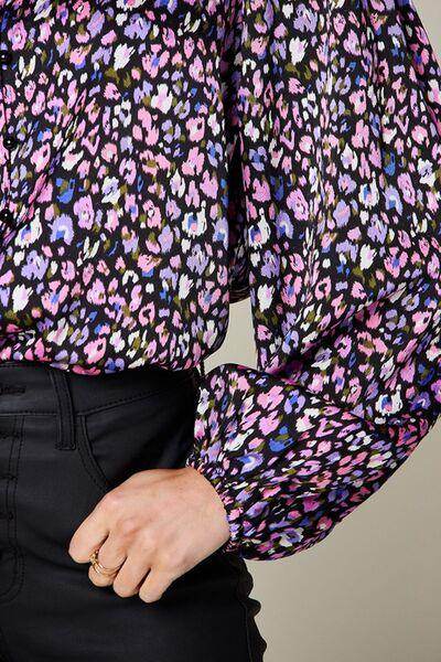 Double Take Full Size Printed Balloon Sleeve Shirt Opaque - Selvanelle
