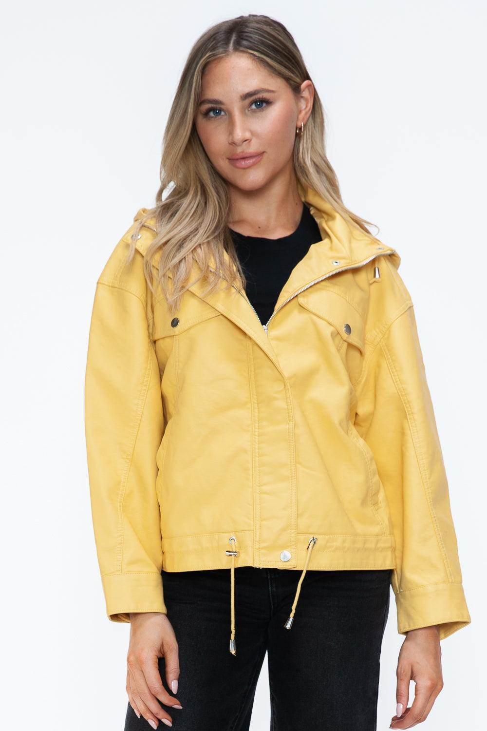 How Dare U Drawstring Hem PU Leather Zip Up Jacket for Women - Selvanelle