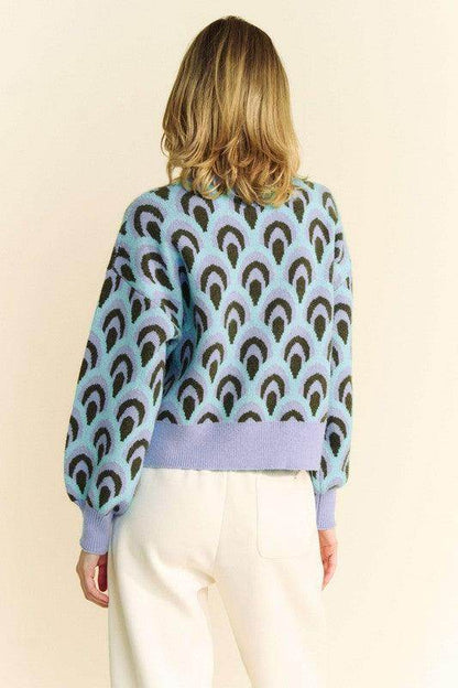 Davi & Dani Scale Jacquard Round Neck Drop Shoulder Sweater - Selvanelle